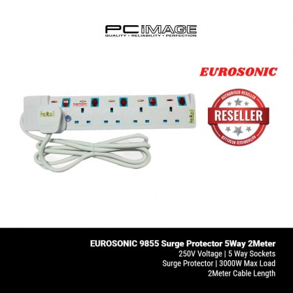 EUROSONIC 9855 Multiple Trailing Socket Neon&Surge Protector 5Way 2Meter - White