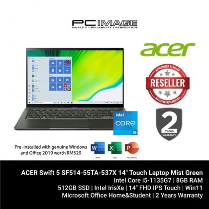 ACER Swift 5 SF514-55TA-537X 14" Touch Laptop Mist Green (i5-1135G7, 8GB, 512GB, Intel, Win11, OfficeH&S) [contact us for stock status before purchase]