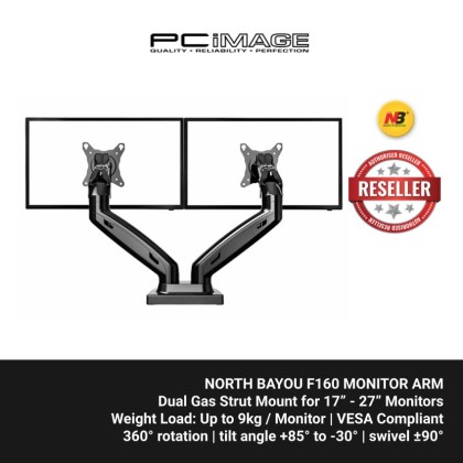 NB NORTH BAYOU F160 DUAL MONITOR ARM GAS-STRUT FLEXI MOUNT 360 DEGREE ROTATABLE FOR 17" - 27", UP TO 9KG