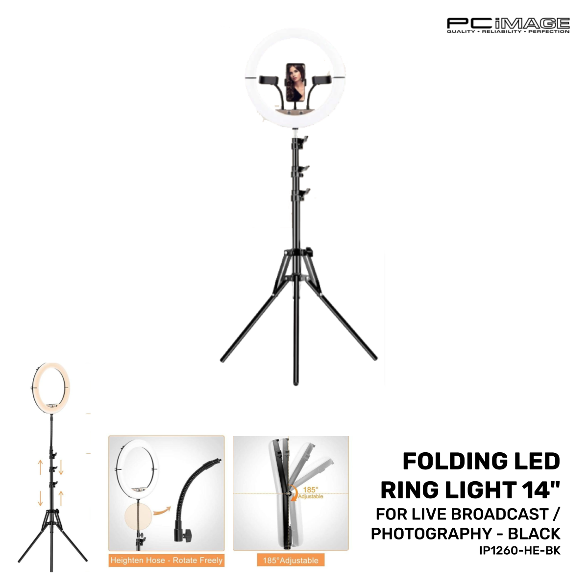 Folding LED Ring Light 14" for Live Broadcast/Photography Black PC Image