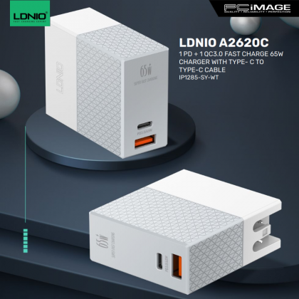 LDNIO A2620C 1 PD + 1 QC3.0 Fast Charge 65W Charger with Type-C to Type-C Cable White