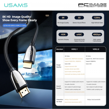 USAMS US-SJ499 U67 8K Ultra HD HDMI to HDMI 2.1 Cable 5M Black