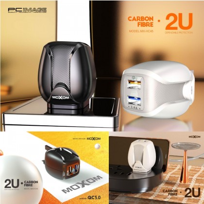 MOXOM MX-HC45 Carbon Fibre Home Charger 2 USB 2.4A & QC3.0 with Micro Cable Black