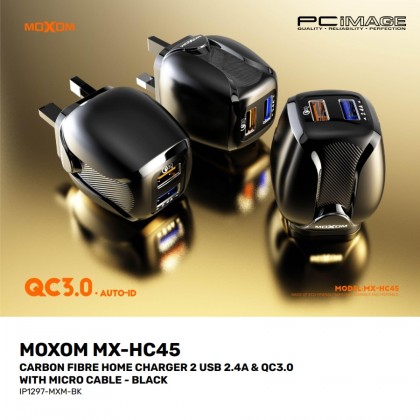 MOXOM MX-HC45 Carbon Fibre Home Charger 2 USB 2.4A & QC3.0 with Micro Cable Black