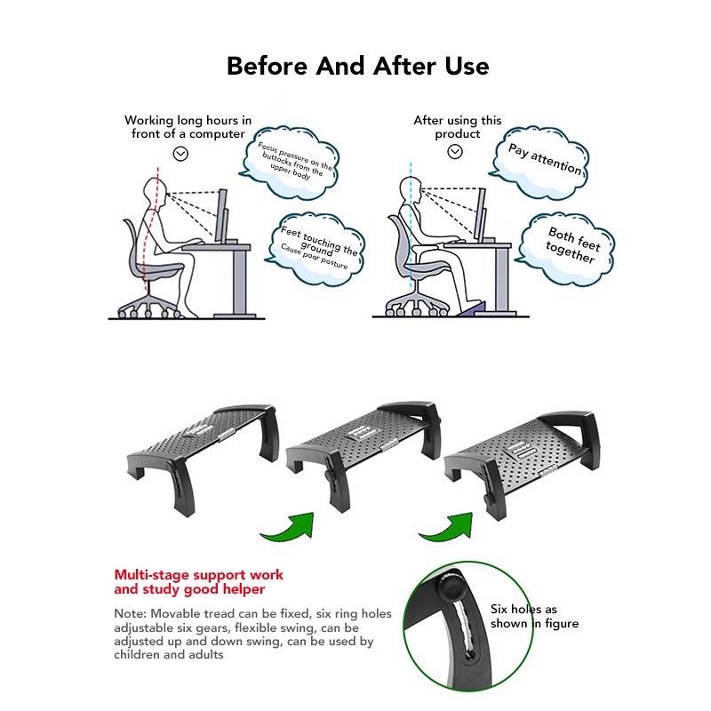 PLASTIC ERGONOMIC FOOT REST 6 HEIGHT ADJUSTMENT WITH MASSAGE ROLLER