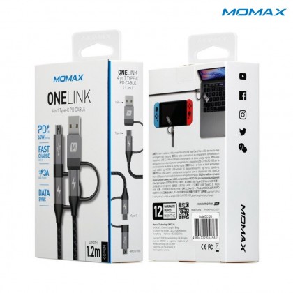 MOMAX DC12D ONELINK 4-IN-1 CABLE (USB A / TYPE-C TO MICRO USB / USB TYPE-C) 1.2M 3A - BLACK
