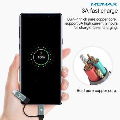 MOMAX DC12D ONELINK 4-IN-1 CABLE (USB A / TYPE-C TO MICRO USB / USB TYPE-C) 1.2M 3A - BLACK