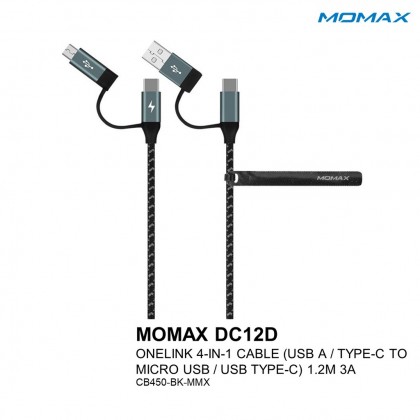 MOMAX DC12D ONELINK 4-IN-1 CABLE (USB A / TYPE-C TO MICRO USB / USB TYPE-C) 1.2M 3A - BLACK