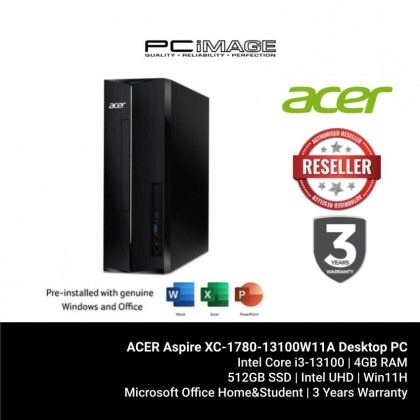 ACER Aspire XC-1780-13100W11A Desktop PC (i3-13100, 4GB DDR4, 512GB SSD, Intel, Win11H, OfficeHNS21)  [CONTACT US FOR STOCK STATUS]