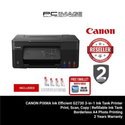 CANON PIXMA Ink Efficient G2730 Multifunction Refillable Ink Tank Printer ( Print, Scan, Copy, Borderless A4 Photo Printing ) + FREE TNG RM50 CANON PIXMA Ink Efficient G2730 Multifunction Refillable Ink Tank Printer ( Print, Scan, Copy, Borderless A4 Photo Printing ) + FREE TNG RM50
