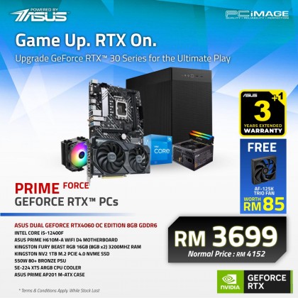 PRIME FORCE (Powered by Asus) GAMING PC GEFORCE RTX™ 4060 OC/ Intel i5-12400F/ Prime H610M-A Wifi D4/ 16GB (8x2) RAM/ 1TB NVME SSD/ 550W 80+ Bronze PSU/ SE-224 XTS ARGB CPU Cooler/ Asus Prime AP201 M-ATX Case
