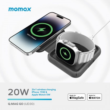 MOMAX UD30MFIE Q.Mag Go Folding MageSafe 2-in-1 Wireless Charger Grey MOMAX UD30MFIE Q.Mag Go Folding MageSafe 2-in-1 Wireless Charger Grey