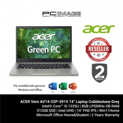 ACER Vero AV14-52P-5915 14" Laptop Cobblestone Grey (i5-1335U, 8GB LPDDR4X, 512GB SSD, Intel UHD, Win11H, OfficeHNS21) ACER Vero AV14-52P-5915 14" Laptop Cobblestone Grey (i5-1335U, 8GB LPDDR4X, 512GB SSD, Intel UHD, Win11H, OfficeHNS21)