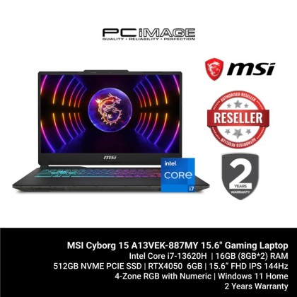 MSI CYBORG 15 A13VEK-887MY 15.6" FHD 144Hz Gaming Laptop Translucent Black (i7-13620H, 16GB DDR5 (8GB*2), 512GB, RTX 4050 6GB, WIN11H)