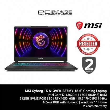 MSI CYBORG 15 A13VEK-887MY 15.6" FHD 144Hz Gaming Laptop Translucent Black (i7-13620H, 16GB DDR5 (8GB*2), 512GB, RTX 4050 6GB, WIN11H)