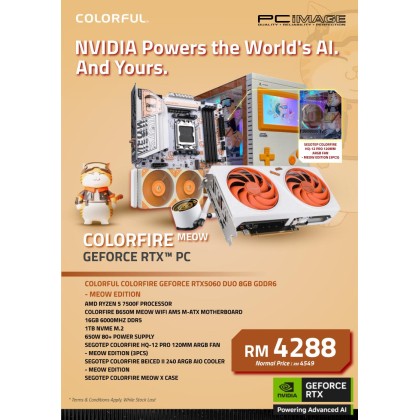 COLORFIRE MEOW - AMD RYZEN 5 7500F/COLORFIRE GEFORCE RTX5060 DUO 8GB GDDR6/COLORFIRE B650M MEOW WIFI AM5 M-ATX/16GB RAM/1TB SSD/650W 80+ POWER SUPPLY/COLORFIRE HQ-12 PRO 120MM ARGB/COLORFIRE BEICED II 240 ARGB AIO/COLORFIRE MEOW X CASE