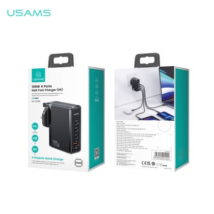 USAMS US-CC166 T51 100W 4 PORTS GAN FAST CHARGER (1QC + 3PD) - BLACK 1YW USAMS US-CC166 T51 100W 4 PORTS GAN FAST CHARGER (1QC + 3PD) - BLACK 1YW