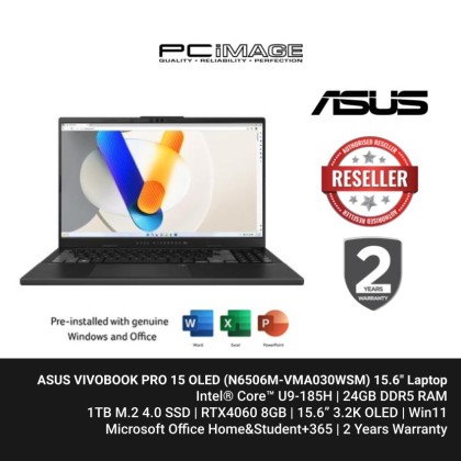 ASUS VIVOBOOK PRO 15 OLED (N6506M-VMA030WSM) U9-185H/ 24GB DDR/ 1TB SSD/ RTX4060 8GB/ 15.6" 3.2K OLED 120Hz/ WIN11/ OFFICEHNS+365 BASIC/ 2 YEARS WARRANTY ASUS VIVOBOOK PRO 15 OLED (N6506M-VMA030WSM) U9-185H/ 24GB DDR/ 1TB SSD/ RTX4060 8GB/ 15.6" 3.2K OLED 120Hz/ WIN11/ OFFICEHNS+365 BASIC/ 2 YEARS WARRANTY