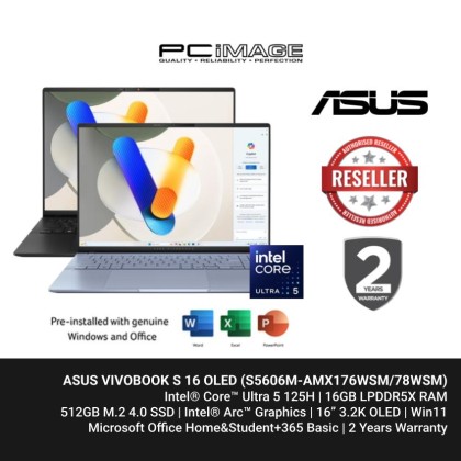 ASUS VIVOBOOK S 16 OLED (S5606M-AMX176WSM/AMX178WSM) U5-125H/ 16GB LPDDR5X/ 512GB SSD/ Intel Arc/ 16" 3.2K OLED/ WIN11/ OFFICEHNS+365 BASIC/ 2 YEARS WARRANTY