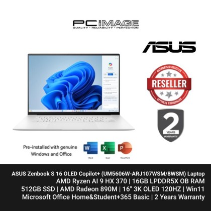 ASUS Zenbook S 16 OLED COPILOT+ (UM5606W-ARJ107WSM/ARJ108WSM) AI 9 HX 370, 32GB LPDDR5X, 1TB SSD, Radeon 890M, 16" 3K OLED 120Hz, Win11, OfficeHNS+365 Basic, 2 Years Warranty ASUS Zenbook S 16 OLED COPILOT+ (UM5606W-ARJ107WSM/ARJ108WSM) AI 9 HX 370, 32GB LPDDR5X, 1TB SSD, Radeon 890M, 16" 3K OLED 120Hz, Win11, OfficeHNS+365 Basic, 2 Years Warranty