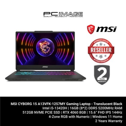 MSI Cyborg 15 A13VFK-1257MY 15.6" FHD 144Hz Gaming Laptop (i5-13420H, 16GB DDR5 RAM, 512GB SSD, RTX 4060 6GB, Win11, Translucent Black)