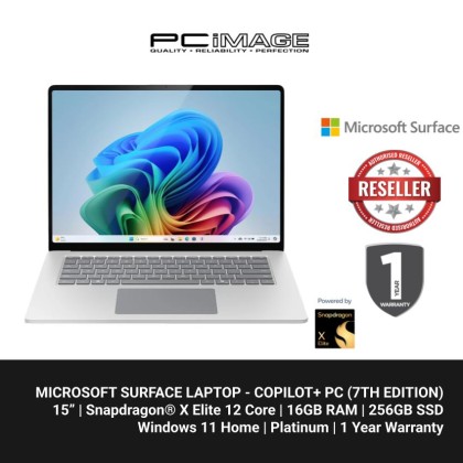Microsoft Surface Laptop - Copilot+ PC - 15" touchscreen - Snapdragon® X Elite 12 Core - 16GB Memory - 256GB SSD - (7th Edition) - Platinum