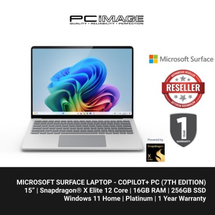 Microsoft Surface Laptop - Copilot+ PC - 15" touchscreen - Snapdragon® X Elite 12 Core - 16GB Memory - 256GB SSD - (7th Edition) - Platinum + FREE BUNDLE