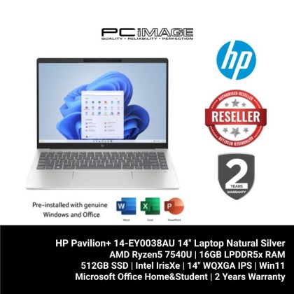 HP Pavilion+ 14-EY0038AU 14" Laptop Natural Silver (R5-7540U, 16GB LPDDR5X, 512GB SSD, Radeon, Win11H, OfficeHNS) HP Pavilion+ 14-EY0038AU 14" Laptop Natural Silver (R5-7540U, 16GB LPDDR5X, 512GB SSD, Radeon, Win11H, OfficeHNS)