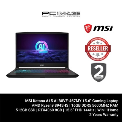 MSI Katana A15 AI B8VF-467MY 15.6" Gaming Laptop (R9-8945HS, 16GB RAM, 512GB SSD, RTX4060 8GB, Win11) MSI Katana A15 AI B8VF-467MY 15.6" Gaming Laptop (R9-8945HS, 16GB RAM, 512GB SSD, RTX4060 8GB, Win11)
