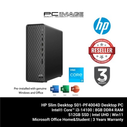 HP Slim Desktop S01-PF4004D Desktop PC (i3-14100, 8GB 3200MHZ, 512GB SSD, Intel UHD, Win11H, OfficeHNS))