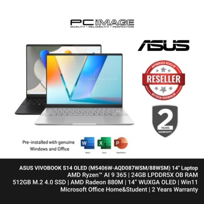 ASUS VIVOBOOK S14 OLED (M5406W-AQD087WSM/AQD088WSM) Ryzen AI 9-365/ 24GB LPDDR5X/ 512GB SSD/ RADEON 880M/ 14" WUXGA 60Hz/ Win11/ OfficeHNS21/2 YEARS WARRANTY