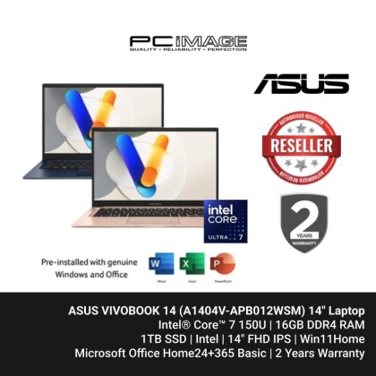 ASUS VIVOBOOK 14 (A1404V-APB007WSM/8WSM) LAPTOP C5-120U/ 16GB DDR4/ 512GB M.2/ Intel/ 14" FHD 60HZ/ Win11H/ OfficeHNS21+365 BASIC/ 2 YEARS WARRANTY