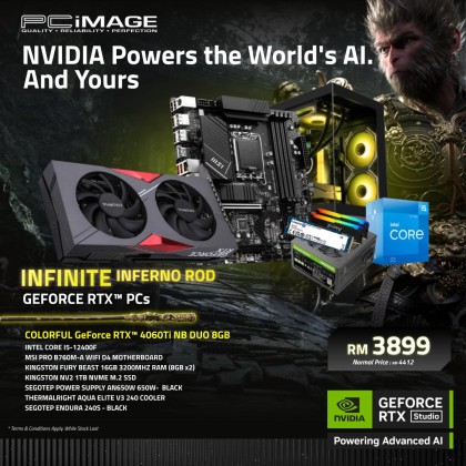 INFINITE INFERNO ROD GEFORCE RTX™ PCs - Intel Core i5-12400F/ COLORFUL GeForce RTX™ 4060 Ti NB DUO 8GB/ MSI PRO B760M-A WIFI D4/ 16GB RAM/ 1TB NVME SSD/ SEGOTEP AN650W PSU/ THERMALIRIGHT AQUA ELITE V3 240 COOLER/ SEGOTEP ENDURA 240S