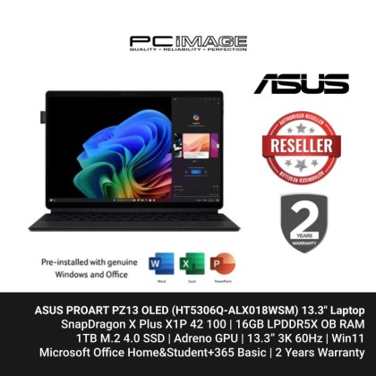 ASUS PROART PZ13 OLED (HT5306Q-ALX018WSM) SD X PLUS X1P 42 100, 16GB LPDDR5X, 1TB SSD, Adreno, 13.3" 3K OLED, Win11, OfficeHNS+365 Basic, 2 YEARS WARRANTY Nano Black ASUS PROART PZ13 OLED (HT5306Q-ALX018WSM) SD X PLUS X1P 42 100, 16GB LPDDR5X, 1TB SSD, Adreno, 13.3" 3K OLED, Win11, OfficeHNS+365 Basic, 2 YEARS WARRANTY Nano Black