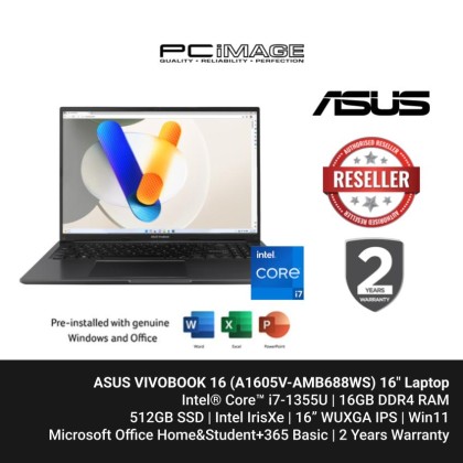 ASUS VIVOBOOK 16 (A1605V-AMB688WS) I7-1355U, 16GB DDR4, 512GB SSD, Intel IrisXe, 16 FHD 60Hz, Win11, OfficeHNS21+365 BASIC, 2 YEARS WARRANTY INDIE BLACK ASUS VIVOBOOK 16 (A1605V-AMB688WS) I7-1355U, 16GB DDR4, 512GB SSD, Intel IrisXe, 16 FHD 60Hz, Win11, OfficeHNS21+365 BASIC, 2 YEARS WARRANTY INDIE BLACK