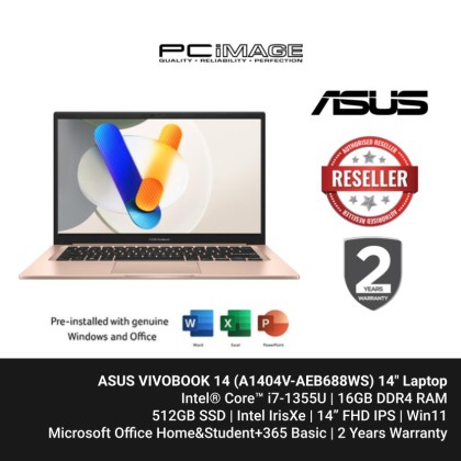 ASUS VIVOBOOK 14 (A1404V-AEB688WS) I7-1355U, 16GB DDR4, 512GB SSD, Intel IrisXe, 14" FHD 60HZ, Win11, OfficeHNS21+365 BASIC, 2 YEARS WARRANTY TERRA COTTA