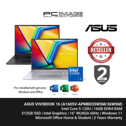 ASUS VIVOBOOK 16 (A1605V-APMB035WSM/APMB036WSM) C5-120U, 16GB DDR4, 512GB SSD, INTEL, 16" WUXGA 60HZ, Win11, OfficeHNS21+365 BASIC, 2 YEARS WARRANTY