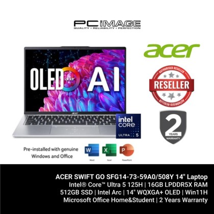 ACER SWIFT GO SFG14-73-59A0/508Y 14" Laptop (U5 125H, 16GB LPDDR5X, 512GB SSD, Intel Arc, Win11H, OfficeHNS21, 2YW) ACER SWIFT GO SFG14-73-59A0/508Y 14" Laptop (U5 125H, 16GB LPDDR5X, 512GB SSD, Intel Arc, Win11H, OfficeHNS21, 2YW)