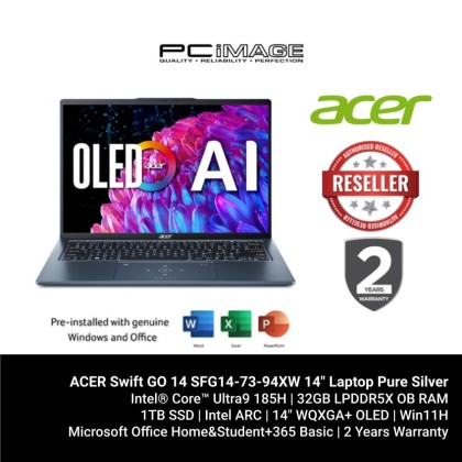 ACER Swift GO 14 SFG14-73-94XW 14" Laptop Pure Silver (U9-185H, 32GB LPDDR5X, 1TB SSD, Intel ARC, Win11H, OfficeHNS21+M365 BASIC, 2YW) + FREE RM200 TNG