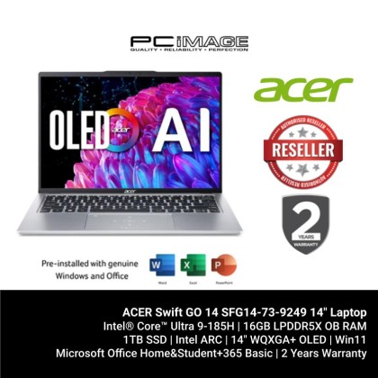 ACER Swift GO 14 SFG14-73-9249 14" Laptop Pure Silver (U9-185H, 16GB LPDDR5X, 1TB SSD, Intel ARC, Win11H, OfficeHNS21+M365 BASIC, 2YW)