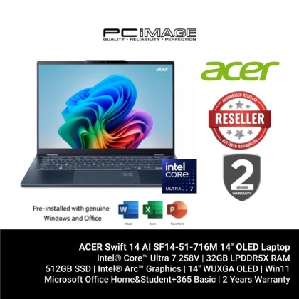 ACER Swift 14 AI SF14-51-716M 14" OLED Laptop (U7-258V, 32GB LPDDR5X, 512GB SSD, Win11H, OfficeHNS21+M365 BASIC, 2YW)