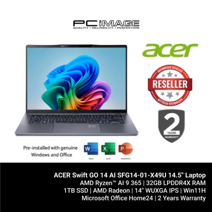 ACER Swift GO 14 AI SFG14-01-X49U 14.5" Laptop (SD X PLUS X1P-42-100, 16GB LPDDR5X, 1TB SSD, 14.5" IPS WUXGA, Win11H, OfficeHNS21+M365 Basic, 2YW) + FREE RM100 TNG ACER Swift GO 14 AI SFG14-01-X49U 14.5" Laptop (SD X PLUS X1P-42-100, 16GB LPDDR5X, 1TB SSD, 14.5" IPS WUXGA, Win11H, OfficeHNS21+M365 Basic, 2YW) + FREE RM100 TNG