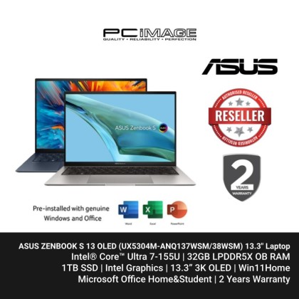 ASUS ZENBOOK S 13 OLED (UX5304M-ANQ137WSM/138WSM) U7-155U/ 32GB LPDDR5X/ 1TB SSD/ Intel/ 13.3" 3K OLED/ WIN11/ OfficeHNS/2 YEARS WARRANTY ASUS ZENBOOK S 13 OLED (UX5304M-ANQ137WSM/138WSM) U7-155U/ 32GB LPDDR5X/ 1TB SSD/ Intel/ 13.3" 3K OLED/ WIN11/ OfficeHNS/2 YEARS WARRANTY