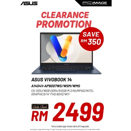 ASUS VIVOBOOK 14 (A1404V-APB007WMS/APB008WMS) C5-120U, 16GB DDR4, 512GB SSD, Intel, 14" FHD 60HZ, Win11H, OfficeHNS24+365 Basic, 2 Years Warranty