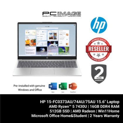 HP 15-FC0373AU/74AU/75AU 15.6" Laptop (R5-7430U, 16GB 3200Mhz, 512GB SSD, Radeon, Win11H, HNS21+365 Basic, 2YW)