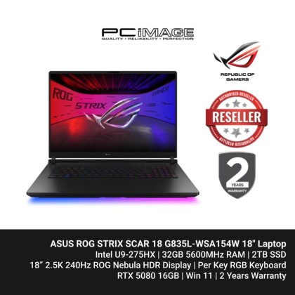 ASUS ROG Strix Scar 18 (G835L-WSA154W) U9 275HX, 32GB DDR5, 2TB SSD, RTX5080 16GB, 18" WQXGA 240Hz, Win11H, 2YW - Off Black
