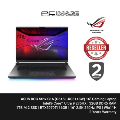ASUS ROG Strix G16 (G615L-RS5118W) U9 275HX, 32GB DDR5, 1TB SSD, RTX5070Ti 12GB, 16" WQXGA 240Hz, Win11H, 2YW - Volt Green