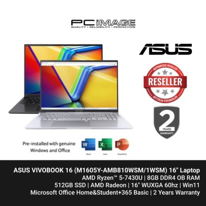 ASUS VIVOBOOK 16 (M1605Y-AMB810WMS/AMB811WMS) R5-7430U, 8GB DDR4, 512GB SSD, Radeon, 16" WUXGA 60HZ, Win11, OfficeHNS21+365 BASIC, 2 YEARS WARRANTY