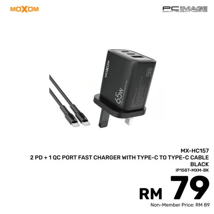 MOXOM MX-HC157 2 PD + 1 QC PORT FAST CHARGER WITH TYPE-C TO TYPE-C CABLE PD 65W QC 18W 3MW - BLACK