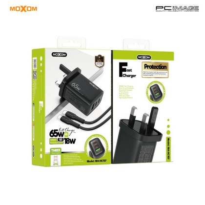 MOXOM MX-HC157 2 PD + 1 QC PORT FAST CHARGER WITH TYPE-C TO TYPE-C CABLE PD 65W QC 18W 3MW - BLACK